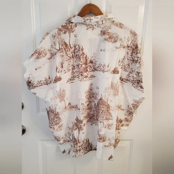 Umgee Cream and Brown Scenic Toile Print Short-Sleeve Button-Up Shirt - Picture 3 of 5
